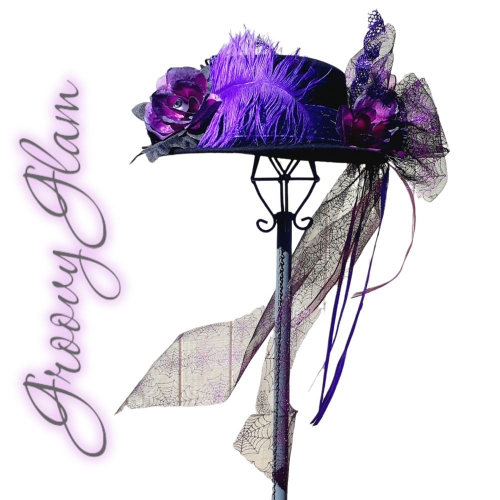 GROOVY GLAM Handmade Goth Halloween Victorian Veil Wool Bowler Witch Hat